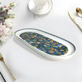 Luxury 13-Inch Oval Fine Porcelain Platter | Navy Blue Floral Print Serving Tray